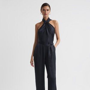 Jules Satin Halter Neck Fitted Jumpsuit in Midnight Navy (*note belt is missing)